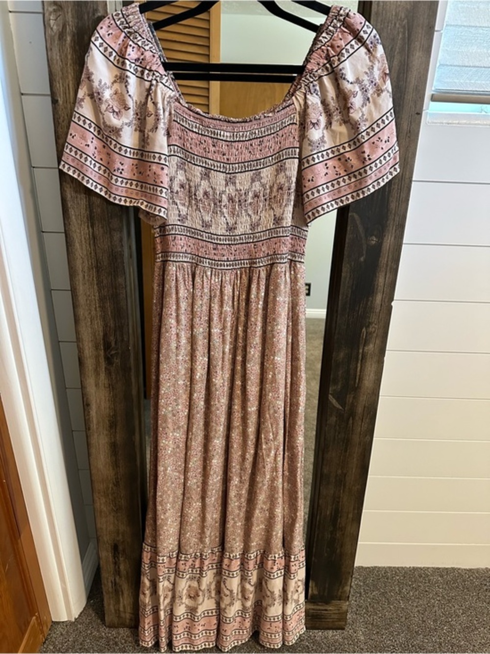 Bohme Pink Floral Smocked Maxi Dress Small Cottagecore Boho Prairie Fairycore